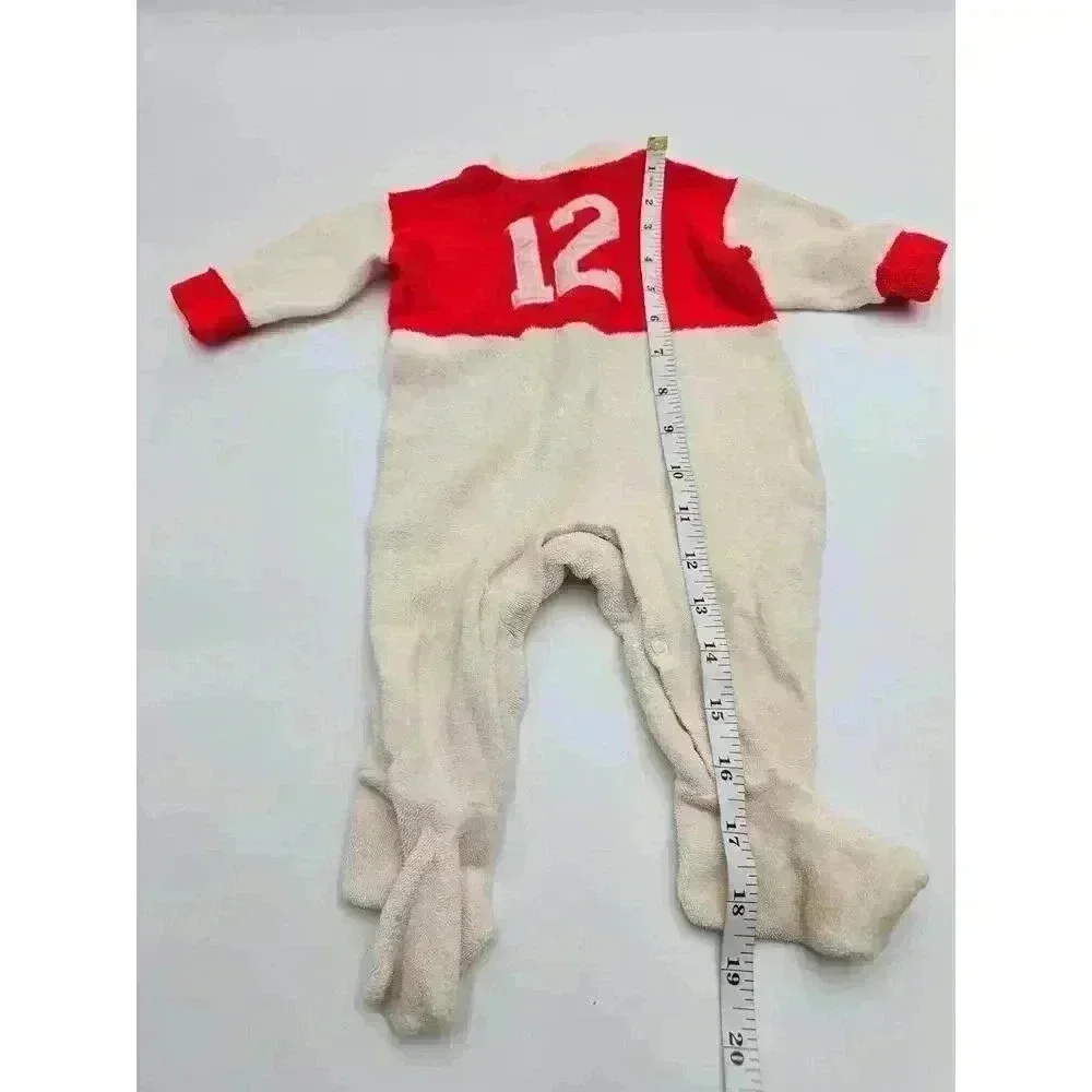 Vintage Boys Creevy Creations 12 White and Red One Piece Sleeper Football Outfit